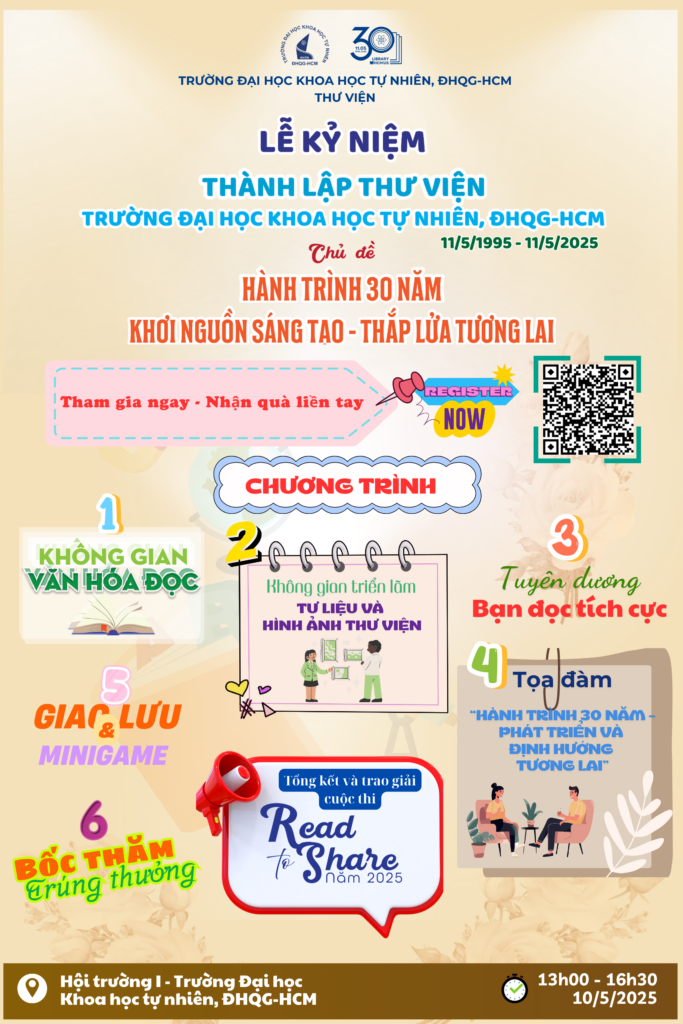 Nhằm đánh dấu cột mốc 30 năm hình thành và phát triển, Thư viện Trường Đại học Khoa học tự nhiên, ĐHQG-HCM tổ chức Lễ Kỷ niệm 30 năm thành lập (11/5/1995 – 11/5/2025) với mục tiêu ôn lại chặng đường đã qua, tri ân các thế hệ cán bộ thư viện, đồng thời hướng đến việc định vị vai trò và chiến lược phát triển thư viện trong giai đoạn chuyển đổi số.