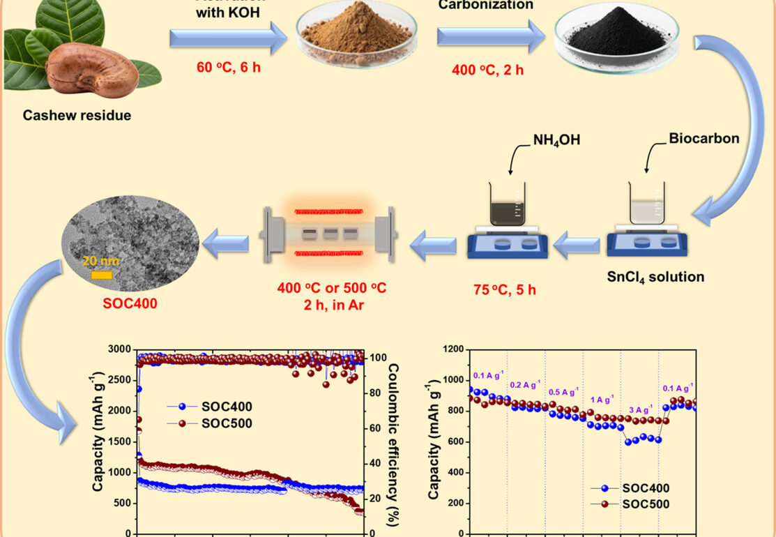 1-s2.0-S1387700325021999-ga1_lrg Simple fabrication of green materials from tin dioxide and biocarbon from cashew residue as anodes for advanced Li-ion batteries